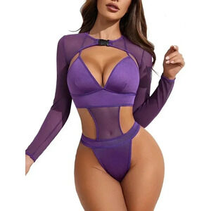 Women Purpel Rave Outfits Festival Sexy Lingerie Bodysuit Buckle Shrug Top Set